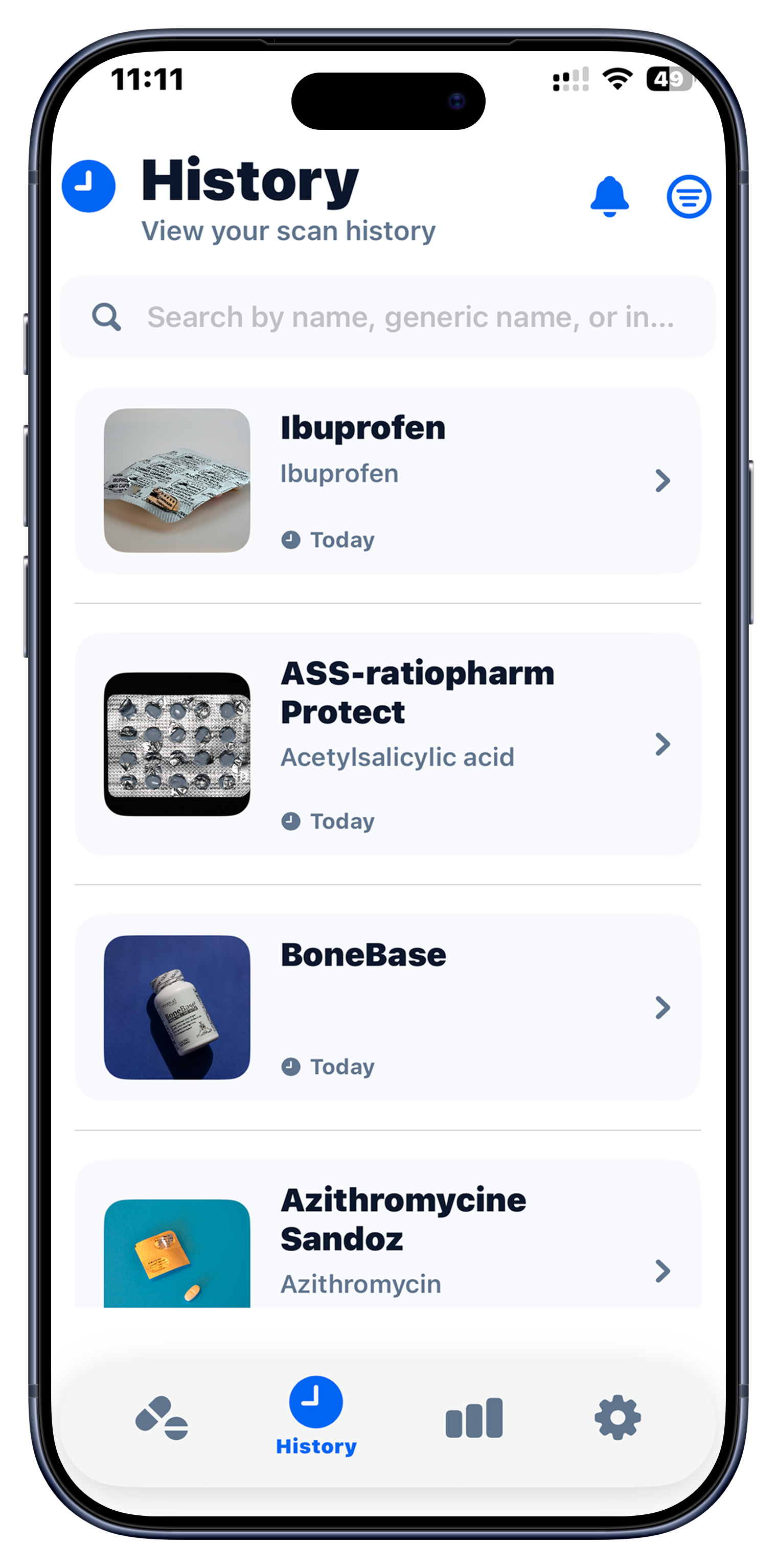 History screen of the AI Pill ID app