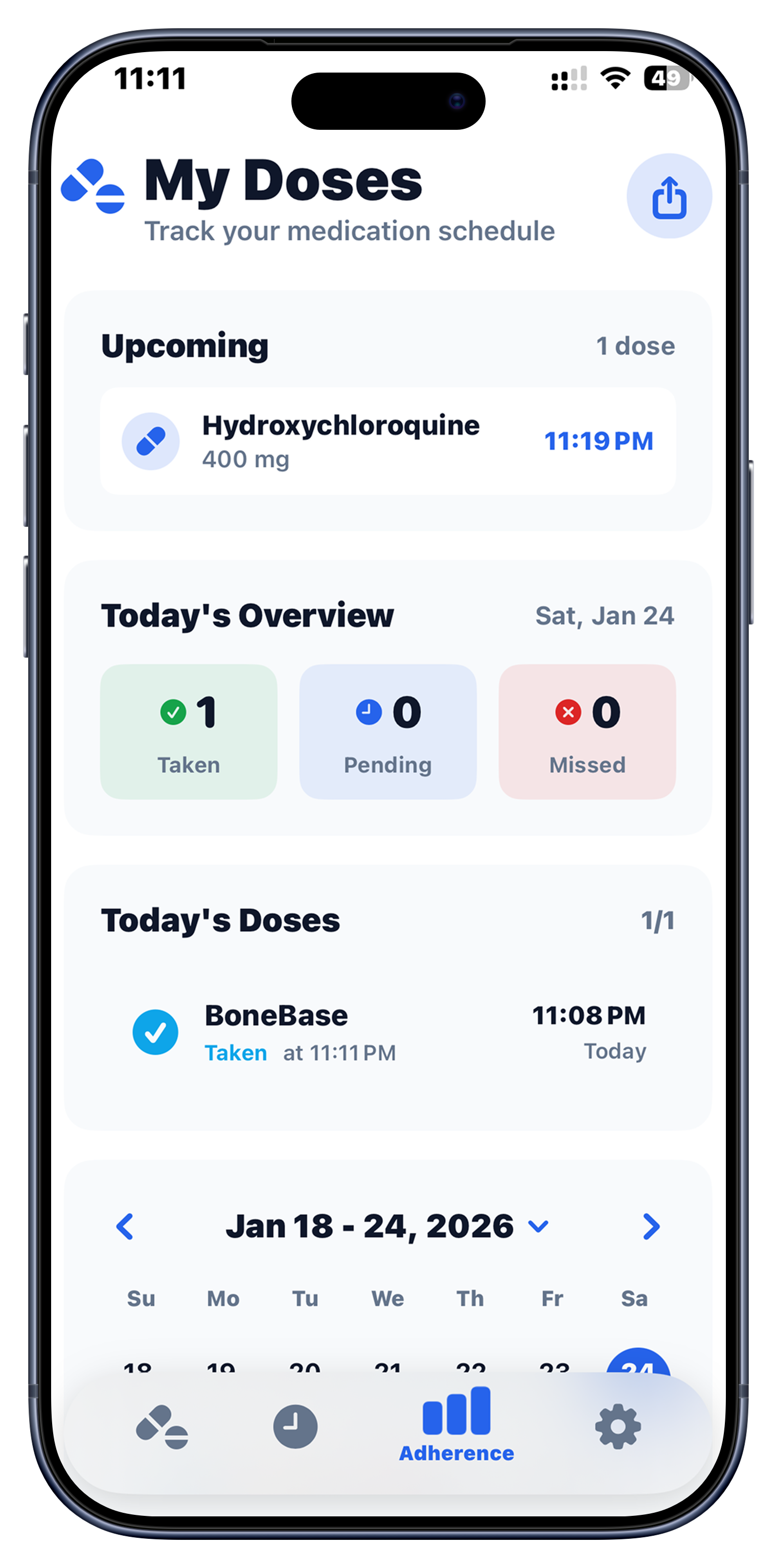 Adherence screen of the AI Pill ID app