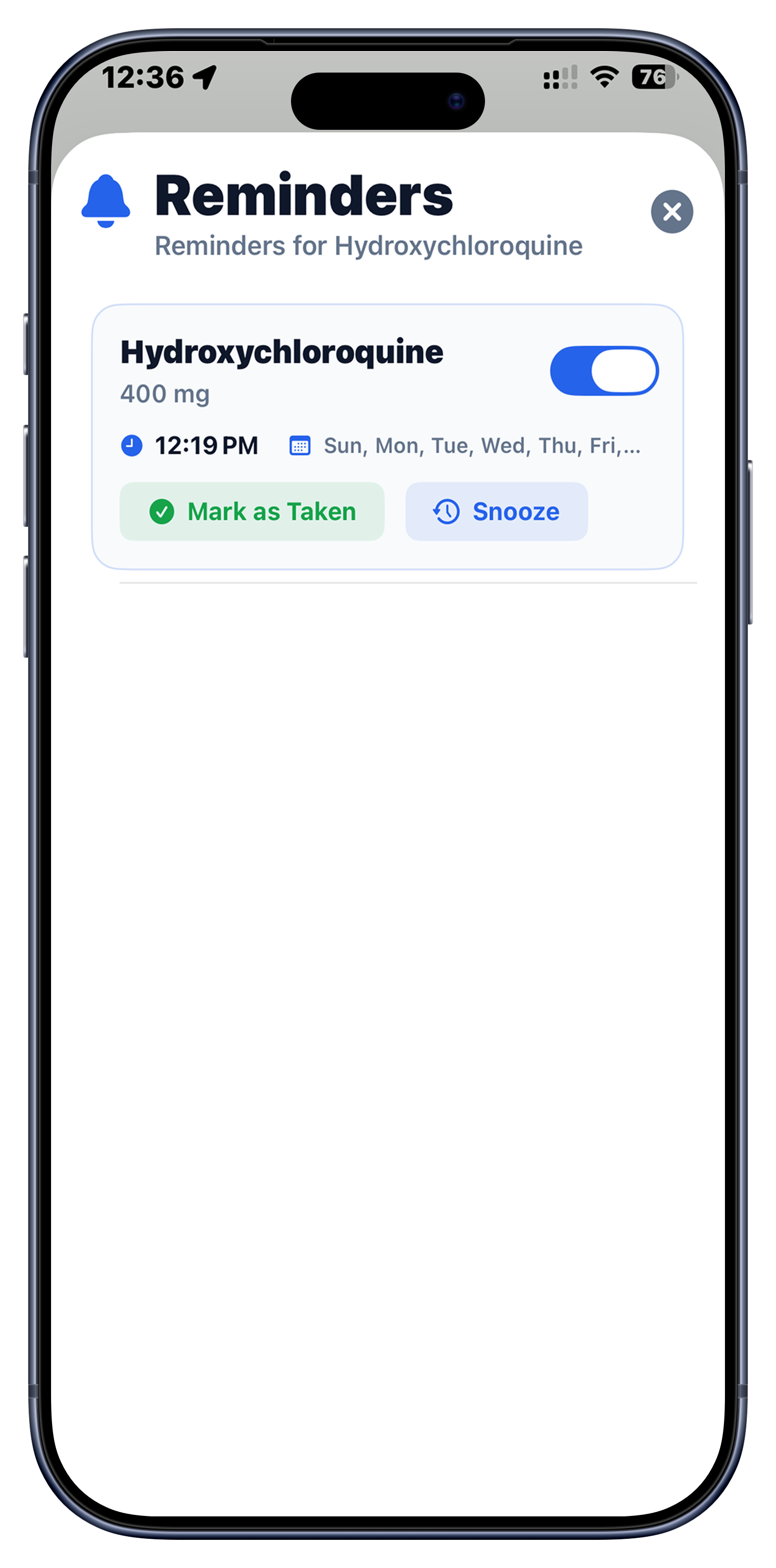 Reminders screen of the AI Pill ID app